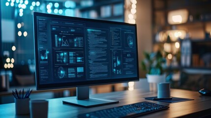 A sleek computer monitor displays data and code in a cozy workspace illuminated by ambient lighting.