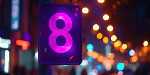 A purple street sign with the number 8, often used for directional purposes