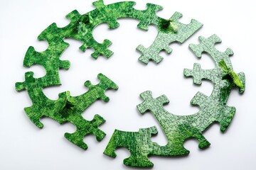 A circular pattern of green puzzle pieces arranged on a white surface