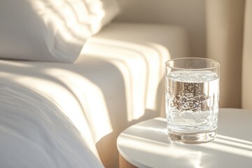 A glass of water sits on a table next to a bedside, perfect for use in scenes related to health, wellness, or rest