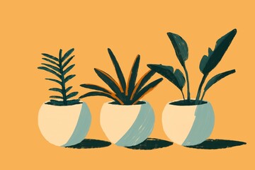 Three summer illustrations of plants in simple pots
