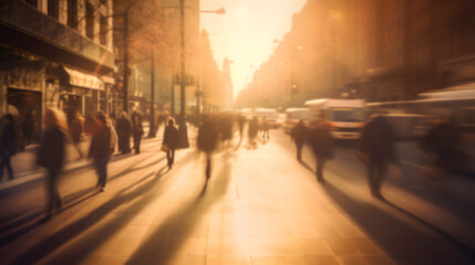 Obraz premium A group of runners racing through a city street at dusk, with motion blur capturing the dynamic movement.