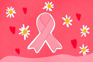 Pink background with a breast cancer awareness ribbon and daisies