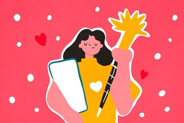 Illustration of woman holding shield and sword on pink background