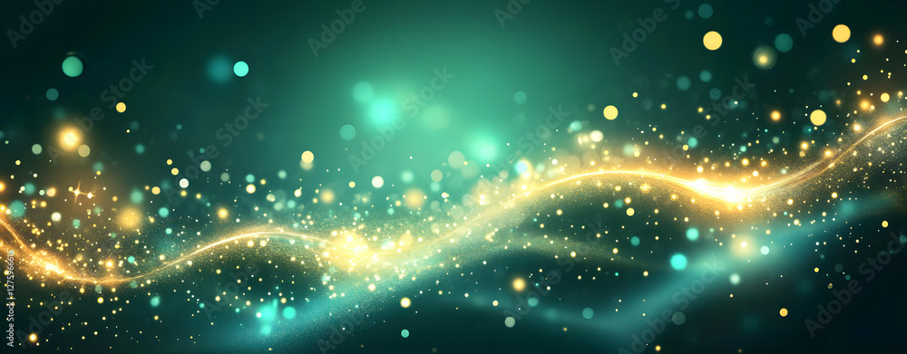 Poster abstract sparkling wave of golden light and teal particles background image