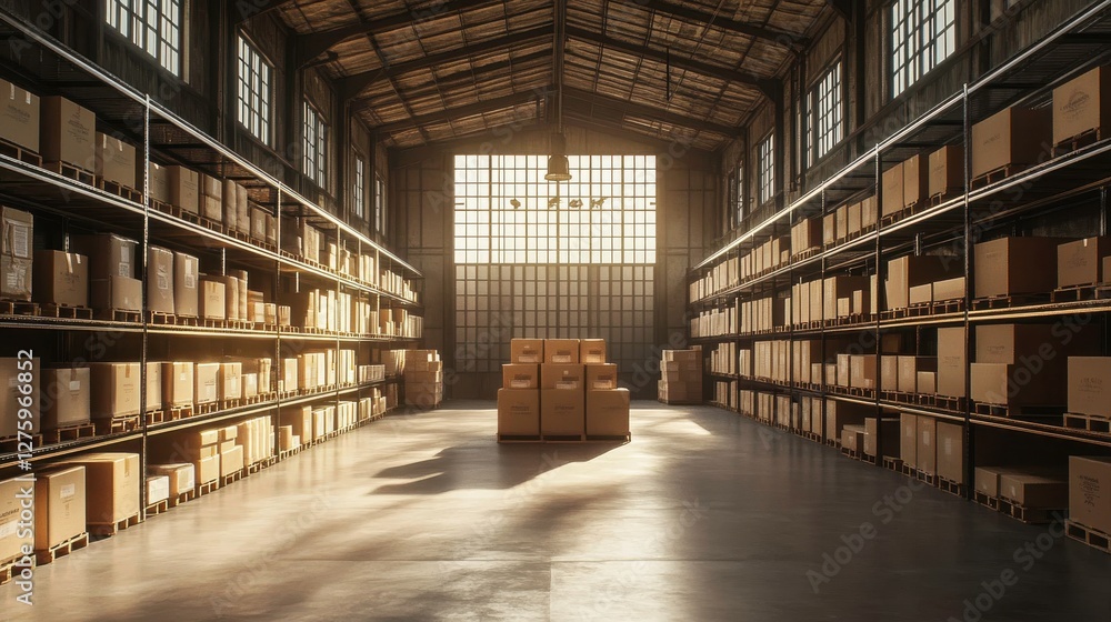 Poster a spacious warehouse filled with neatly stacked boxes, illuminated by sunlight streaming through lar