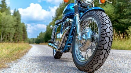 Obraz premium Vintage motorcycle parked on a gravel road in a scenic countryside setting