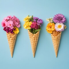 Three colorful ice cream cones decorated with fresh flowers, perfect for a sweet treat or as a gift