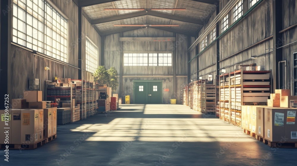 Poster a spacious warehouse filled with stacked boxes, bathed in natural light from large windows, creating