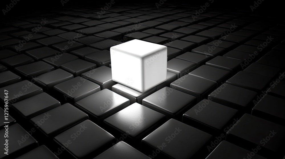 Poster a single illuminated cube standing out among a grid of dark cubes, representing uniqueness.