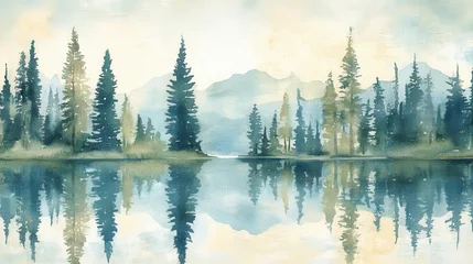 Serene watercolor painting of trees reflected in a calm lake, mountains in the background. Ideal for nature, tranquility, and serenity themed projects, websites, or prints.