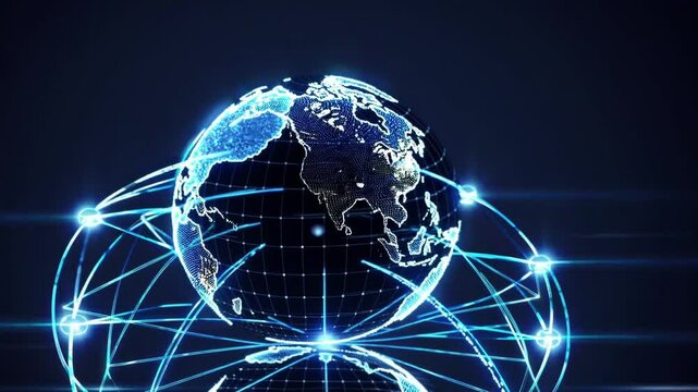 Digital Globe with Connected Lines Symbolizing Global Network, Communication, Geography, Technology and Virtual Connection Across Continents