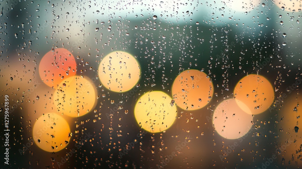 Poster a smooth blur effect of raindrops on a window, with soft bokeh lights in the background, evoking a c