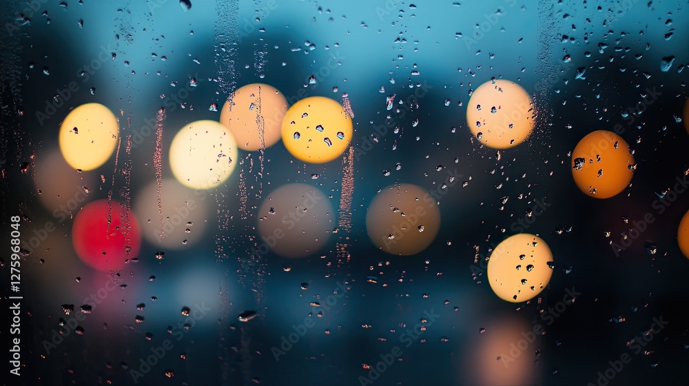 Poster a smooth blur effect of raindrops on a window, with soft bokeh lights in the background, evoking a c