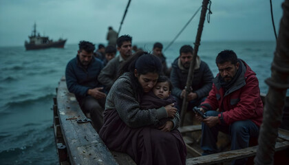 Refugees at Sea on Wooden Boat — Migration Journey