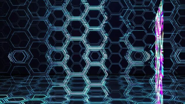 Futuristic Abstract Technology Background with Hexagonal Patterns and Glowing Lines in Neon Colors for Digital Media and Design Projects