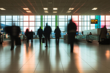 Airport Hustle: A blurred image of passengers moving through a brightly lit airport terminal, with motion blurring conveying a sense of dynamic travel, efficiency and the energy of a transit hub.