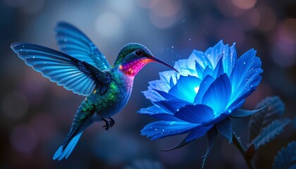 Obraz premium Hummingbird hovering over a glowing blue lotus flower