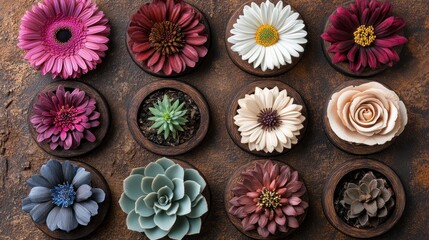 Floral Succulent Arrangement, Rustic Table, Overhead