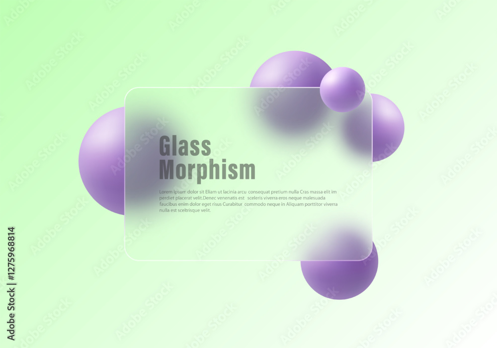 Poster abstract background in glass morphism style. transparent partition with spheres.