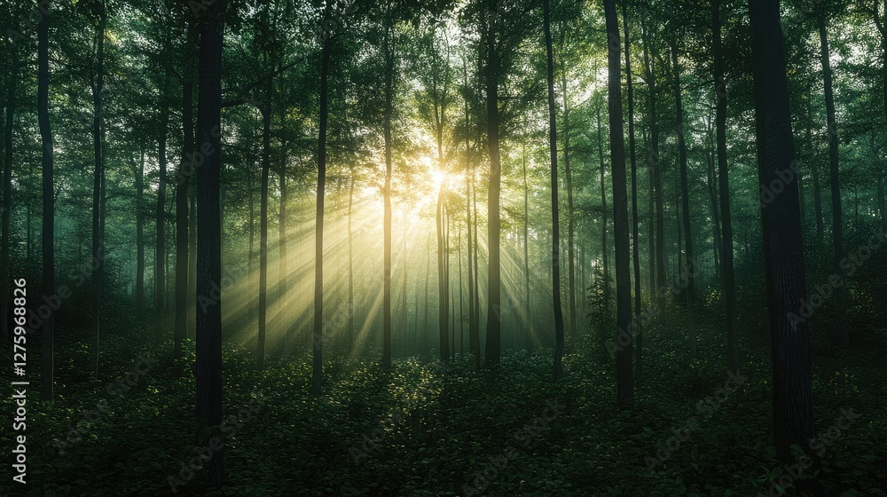 Poster a sunlit forest where tree heights form an abstract representation of a financial graph.
