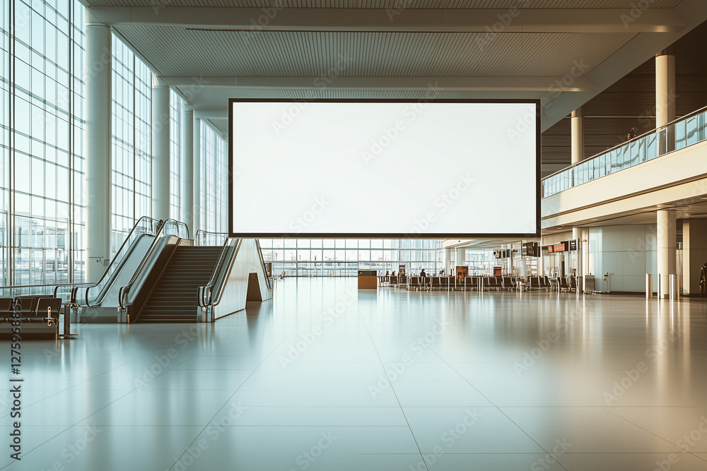 Poster blank canvas of opportunity: a large, empty rectangular display screen dominates the spacious interi