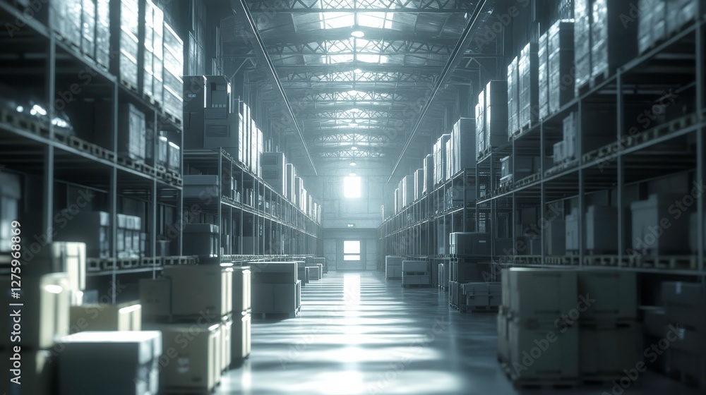 Poster a spacious warehouse filled with shelves stacked high with boxes, illuminated by natural light filte