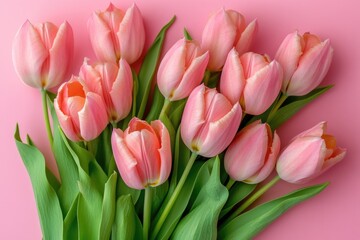 Obraz premium A bouquet of pink tulips on a pink background, great for floral or spring-themed designs