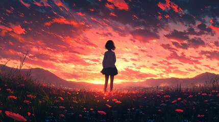 Obraz premium Sunset Serenity: A Girl Silhouetted Against a Fiery Sky