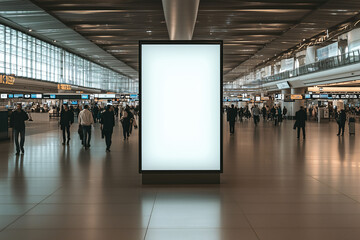 Blank Canvas at Terminal: A captivating visual of a bright, blank advertising display panel prominently positioned amidst a bustling airport terminal.