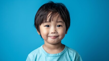 A young child posing for a portrait against a blue background.