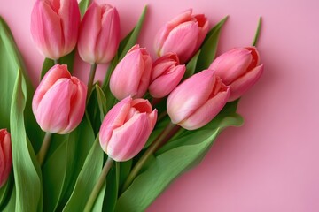 Obraz premium A bouquet of pink tulips sits on a pink surface, ideal for use in promotional materials or as a decorative element