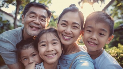 Obraz premium Multiple individuals posing for a family photograph in natural light.