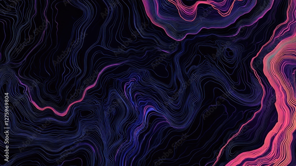 Poster an abstract, glitch-like pattern with flickering lines in neon colors against a dark backdrop, evoki
