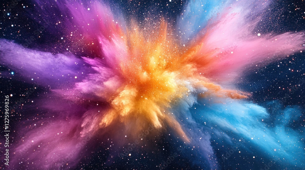 Poster an explosion of colors in an abstract design, with sharp angles and high contrast, creating an inten