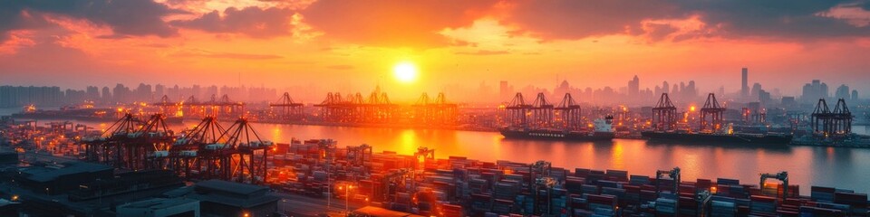 Obraz premium A beautiful sunset scene of a large harbor with boats and ships in the distance
