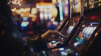 Person playing slot machine. Close up of close up of a person playing. A slot machine in a casino. An individual using lifestyle a slot machine.