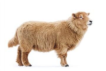 Obraz premium A single brown sheep stands on top of a snow-covered ground, a peaceful winter scene