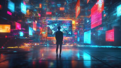 Person Contemplating Digital Data in Futuristic Space
