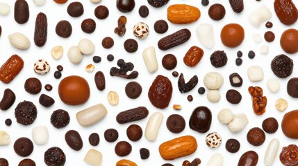 Obraz premium A colorful assortment of various chocolate candies and confections on a white background