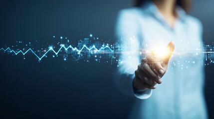 Woman's hand interacts with digital financial data flow.