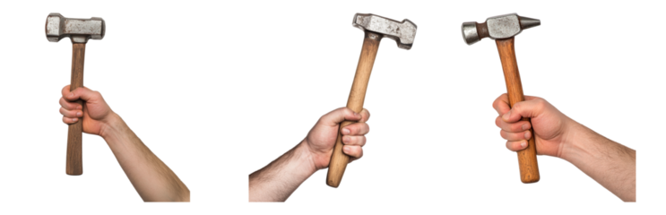 Hands Holding Hammers in Various Angles and Positions Isolated on transparent background