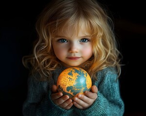 Curious Child Holding Glowing Globe  Surrounded by Soft Night Shadows  Symbolic Portrait of Imagination and Wonder