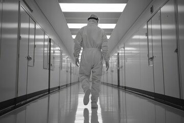 Fototapeta premium A man walks down a hallway wearing a white suit, providing a neutral background for various uses