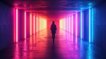 Neon Dreamscape: A Solitary Figure in a Vibrant, Futuristic Corridor