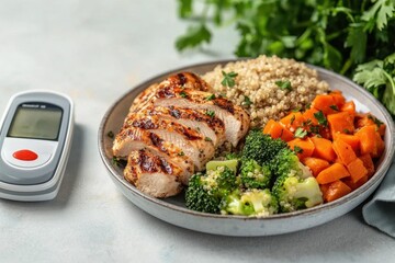 Grilled chicken and quinoa meal for diabetes management healthy eating kitchen balanced nutrition top view nutritional planning