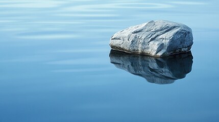 Naklejka premium Single grey rock floats on calm blue water, reflecting perfectly. Ideal for tranquility, peace, or nature themes, evokes serenity and mindfulness.