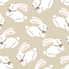 Seamless Easter pattern with white bunnies on a beige background. vector illustration