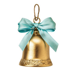 Golden bell ornament with blue ribbon and detailed design isolated on png transparent background, cut out