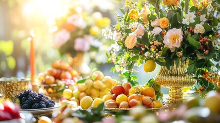 Naklejka premium Vibrant Haft-Seen table with spring flowers, gold ornaments, and fresh fruits, celebrating Nowruz traditions and renewal.